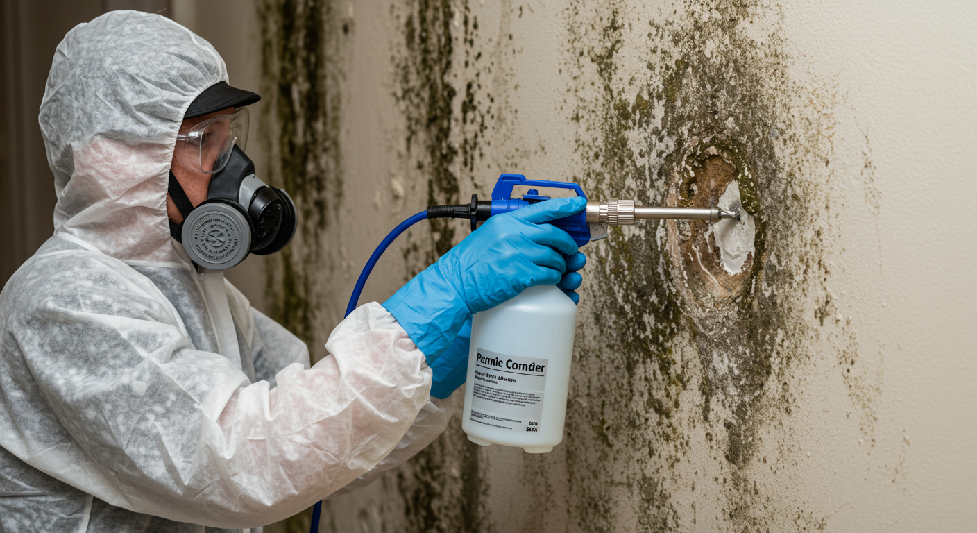 A technician applying an antimicrobial treatment to a wall with visible mold. The focus is on the application process, showcasing the importance of proper treatment.