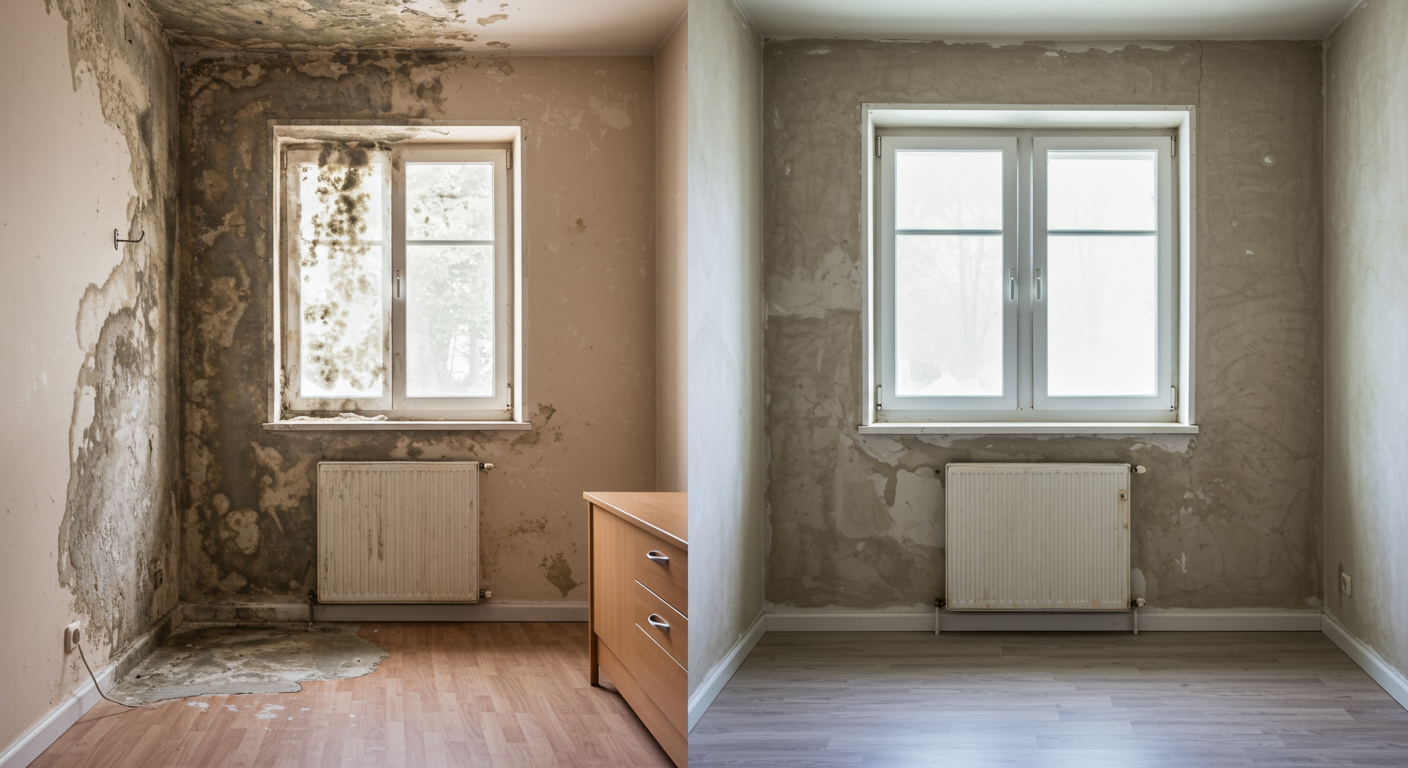 A side-by-side comparison of two rooms: one affected by mold and the other freshly cleaned and mold-free. This visual contrast highlights the importance of mold remediation.