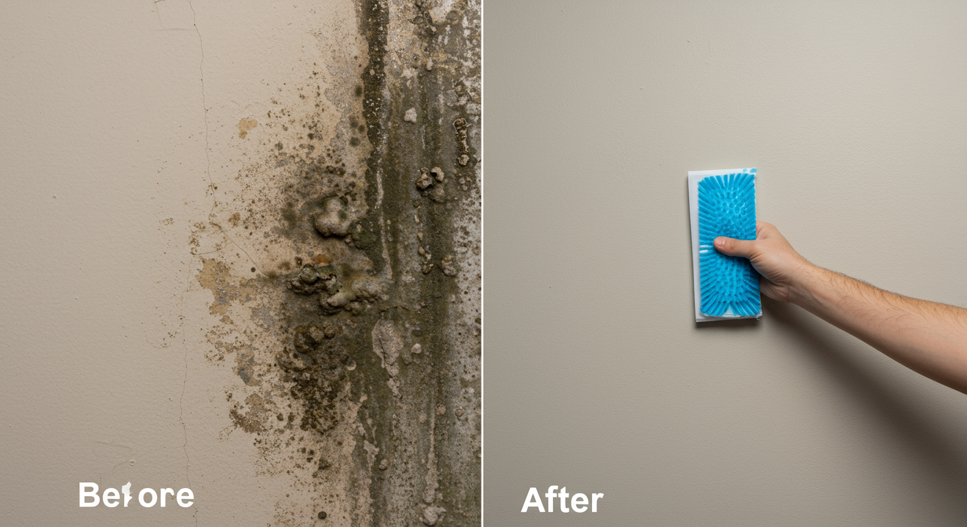 A split image showing a wall before mold removal (with visible mold growth) on one side and the same wall after thorough cleaning on the other side, showcasing the effectiveness of the process.