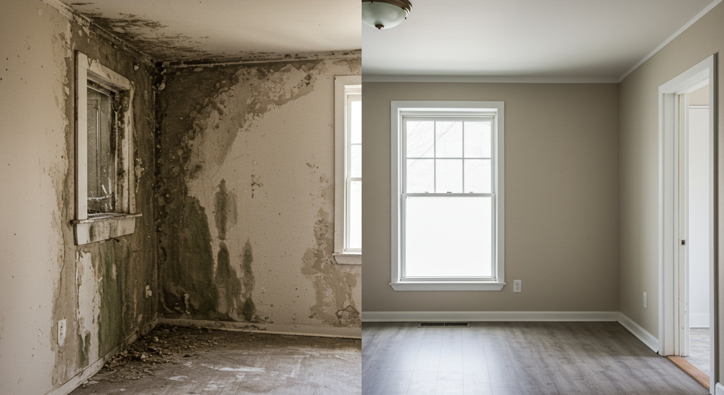 A split image showing a mold-infested area before remediation and the same area after thorough cleaning and restoration, highlighting the transformation.