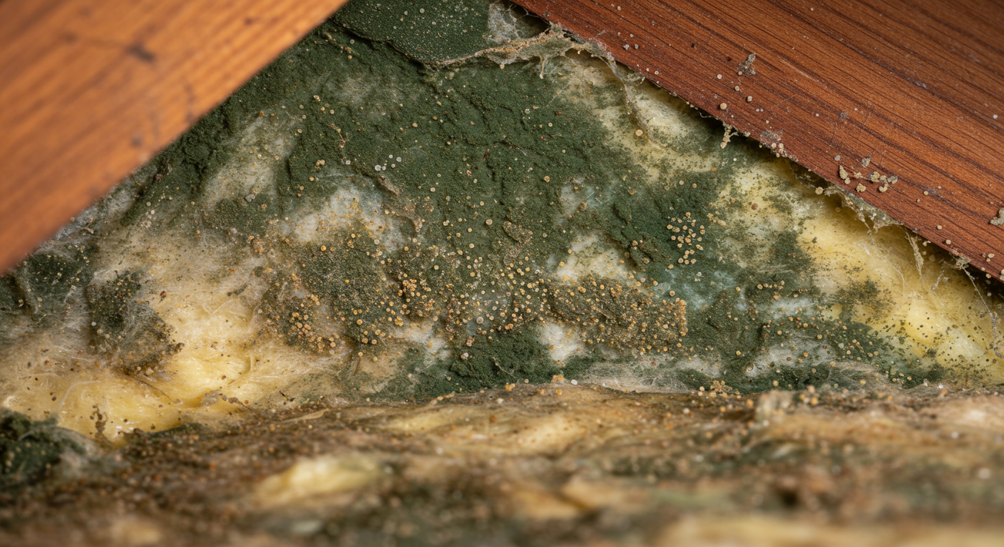 A detailed shot of mold spores on attic insulation, showcasing the texture and color variations of the mold. The background is blurred to focus on the mold growth, emphasizing the need for inspection.