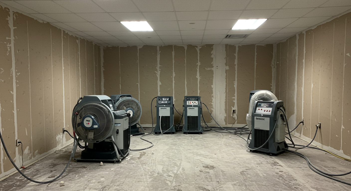 A room with industrial fans and dehumidifiers strategically placed to dry out walls and flooring after water damage, emphasizing the drying process.