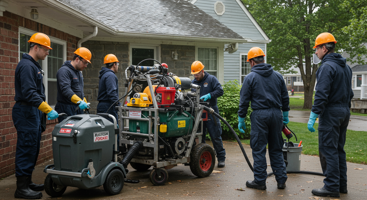 A team of professionals in safety gear actively working to address a water damage situation in a residential home. They are using advanced equipment to extract water and assess damage.