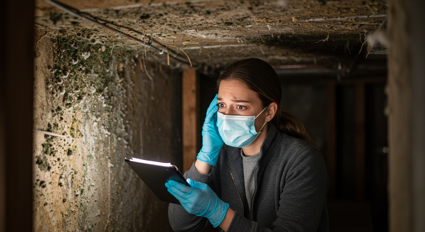 A concerned family member inspecting a moldy area in the basement, wearing a mask and gloves. The focus is on their worried expression, emphasizing the health risks associated with mold.
