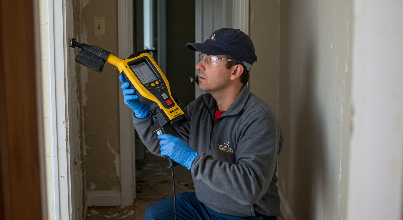 A technician using advanced moisture detection equipment in a home, visually inspecting walls and floors for hidden water damage.