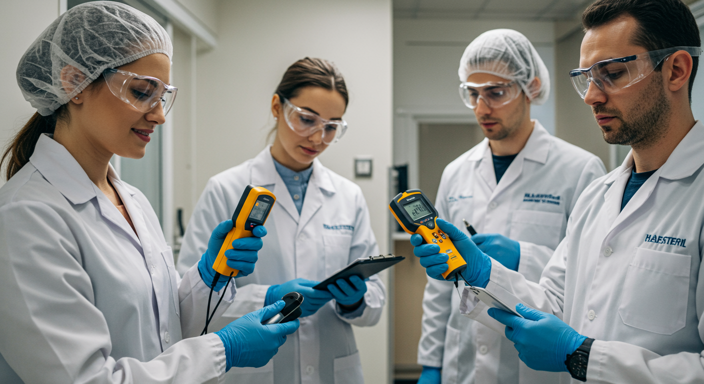 A professional team conducting a mold inspection, using tools like moisture meters and infrared cameras. The image captures teamwork and professionalism in mold assessment.