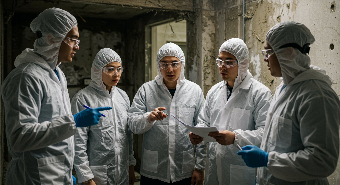 A team of mold remediation professionals discussing their findings in a commercial property. They are pointing at a mold-affected area, showcasing collaboration and expertise in addressing mold issues.