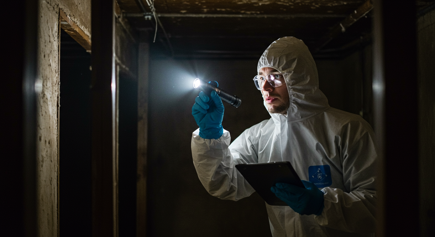 A professional mold inspector in protective gear, using a flashlight to inspect a dark, damp basement for mold.