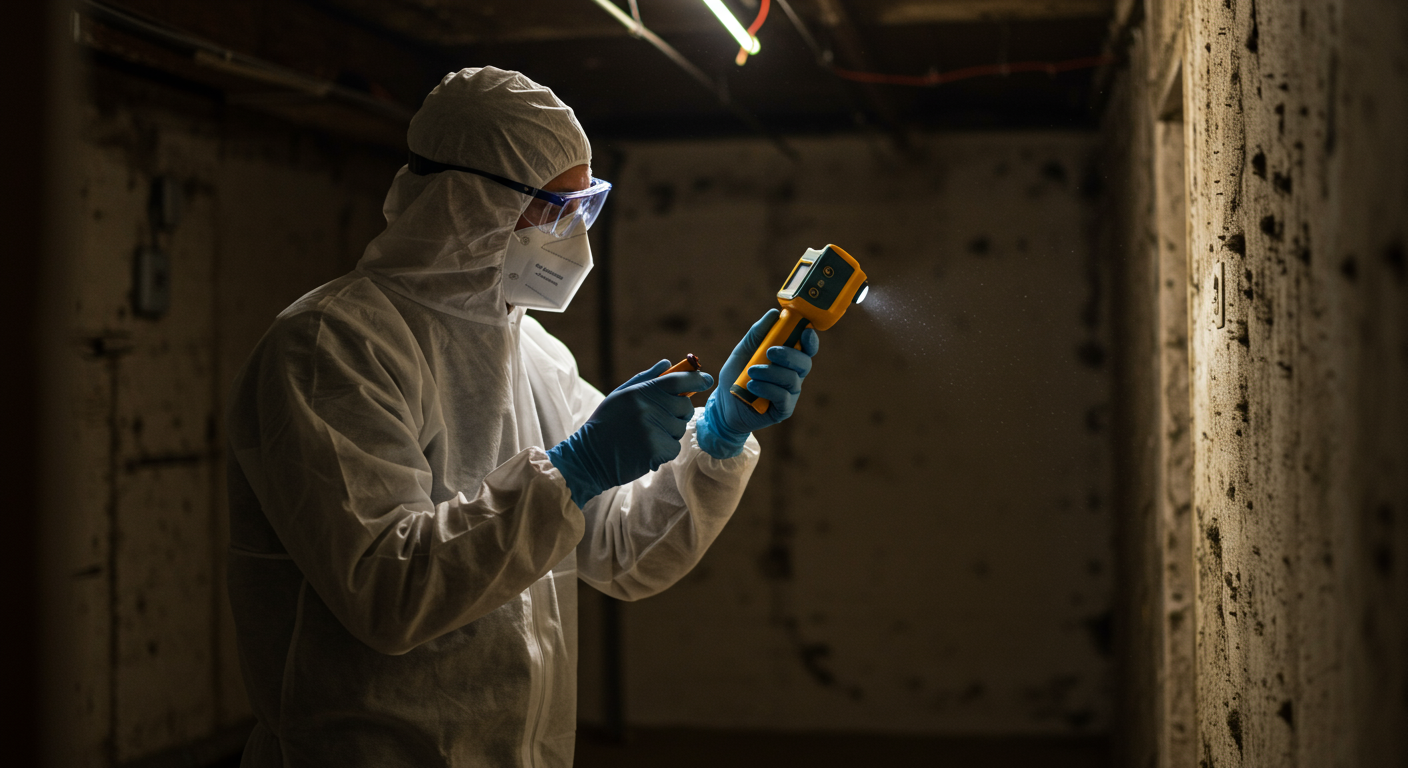 A professional wearing protective gear inspecting a home for mold, using a moisture meter and flashlight. The setting is a dimly lit basement with visible mold patches on the walls.
