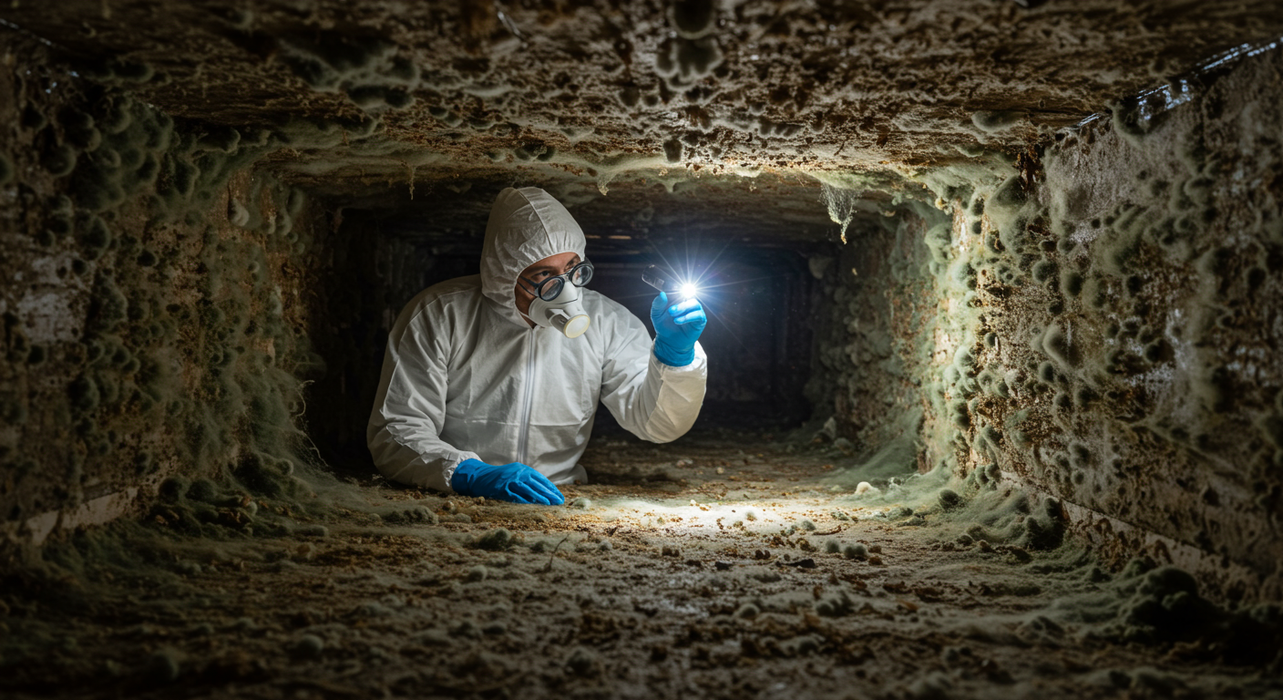 A professional mold remediation technician in protective gear inspecting a crawl space filled with visible mold growth.