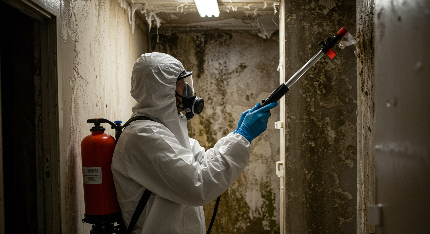 A technician in protective gear inspecting and treating mold in a water-damaged area. The image captures the seriousness of mold remediation, emphasizing safety and expertise.