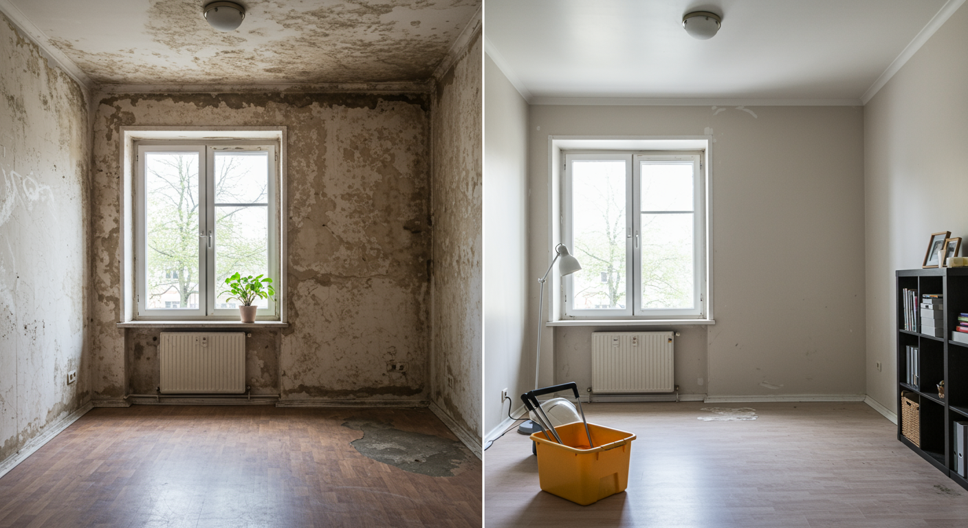 A split image showing a room before mold removal and after, highlighting the transformation and effectiveness of the service.