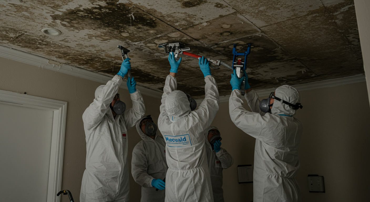 A team of restoration professionals in protective gear working together to remove mold from a ceiling. They are using specialized equipment, showcasing teamwork and expertise.