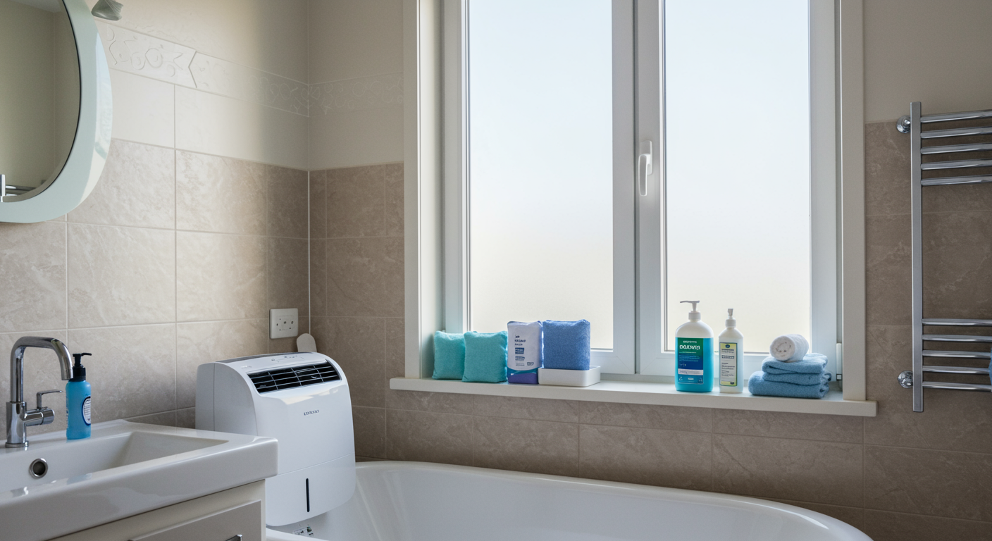 A well-ventilated bathroom with an open window, showcasing a dehumidifier and moisture-absorbing products. This image illustrates proactive steps homeowners can take to prevent mold growth.