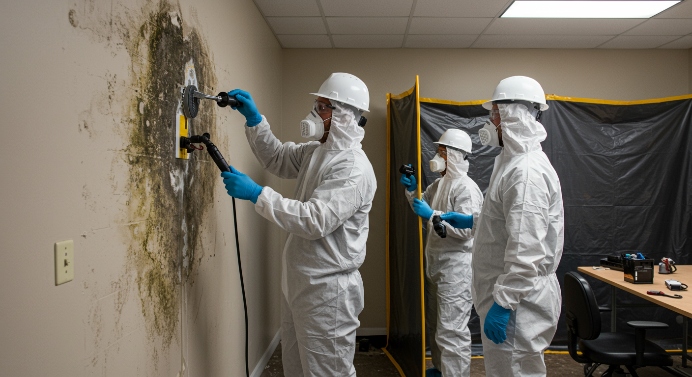 A team of certified mold remediation specialists carefully removing mold from a wall, using specialized equipment and protective clothing.