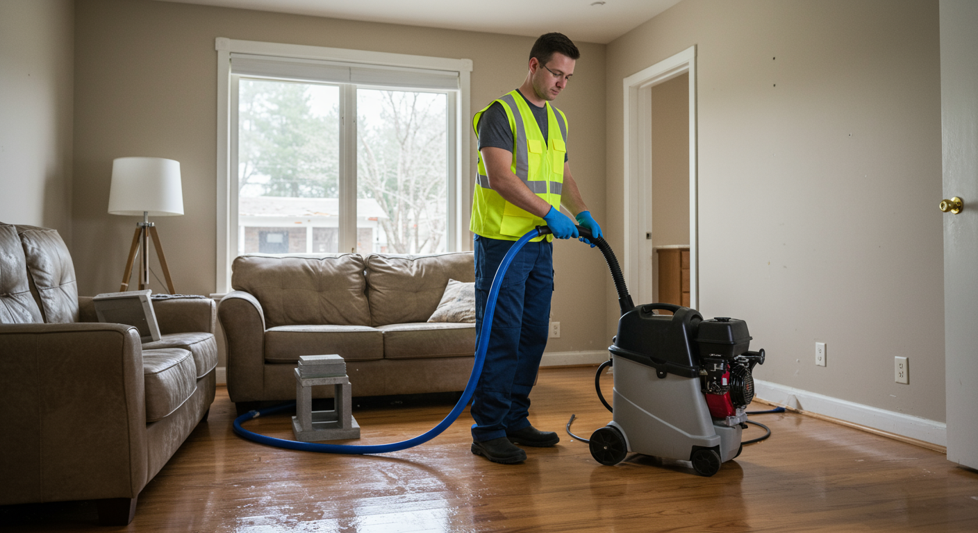 A professional technician in a safety vest and gloves is actively using a water extraction machine in a flooded living room. The room shows visible water damage with furniture elevated on blocks to prevent further soaking.
