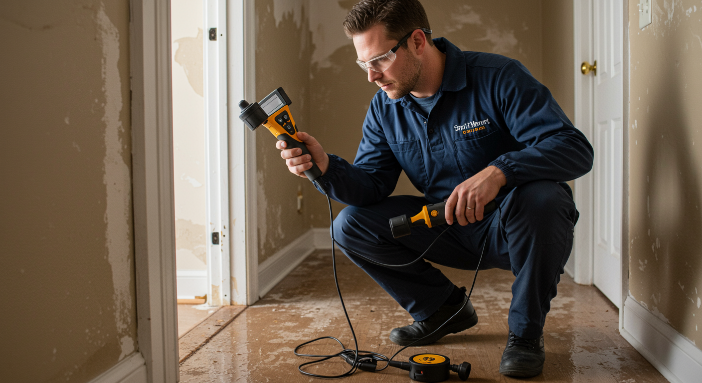 A technician inspecting a water-damaged area with moisture detection tools. The image captures the technician's focused expression, showcasing professionalism and expertise in assessing damage.