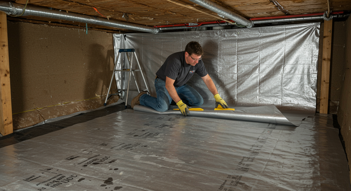 A technician applying a vapor barrier in a crawl space. The image captures the process of encapsulation, showcasing the materials used and the technician's careful work, emphasizing the importance of moisture control.