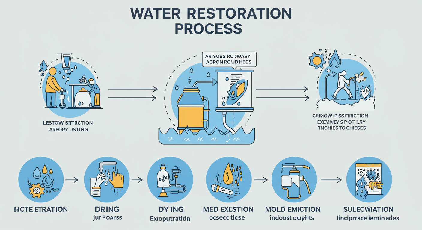 An infographic-style image illustrating the water restoration process, including steps like water extraction, drying, and mold remediation. The image uses icons and visuals to represent each step clearly and engagingly.