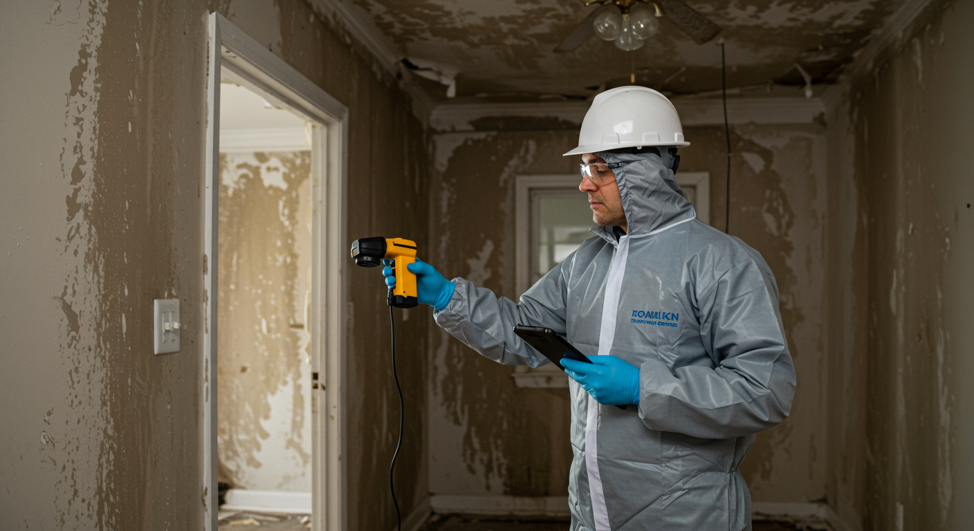 A professional technician inspecting a home with visible water damage, using moisture detection equipment. The background shows a partially flooded room with water stains on the walls.