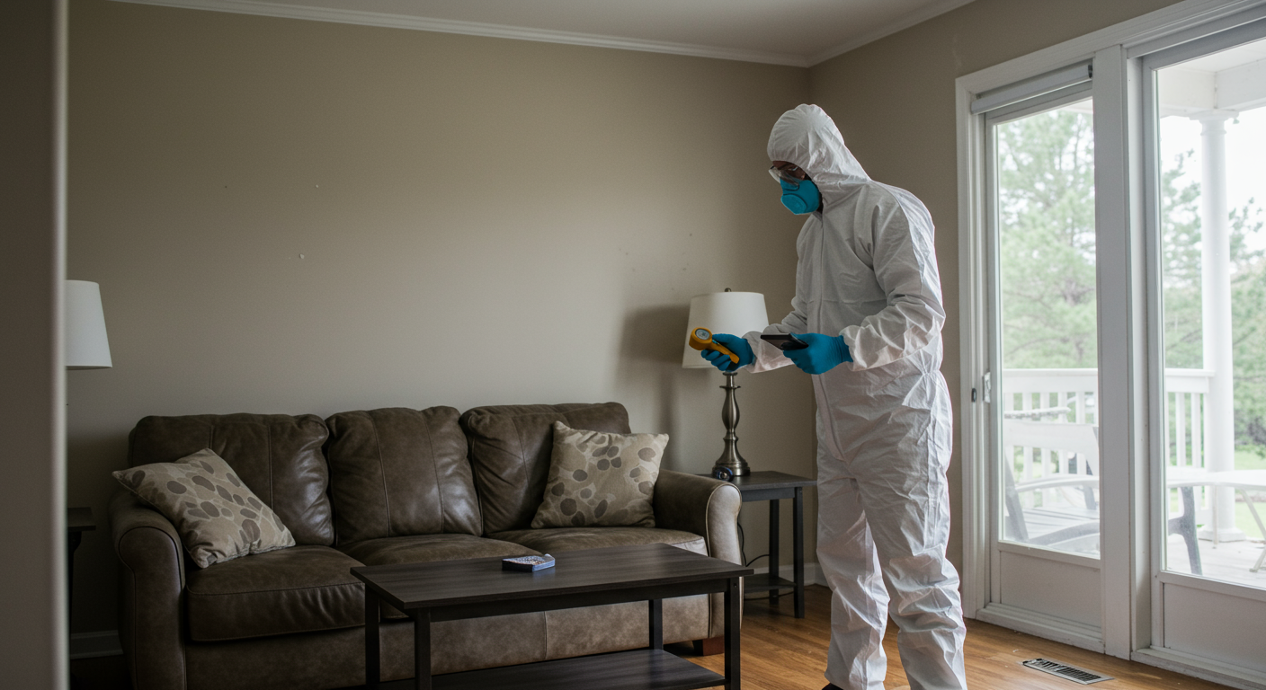 A professional water damage restoration technician in protective gear is inspecting a flooded living room.