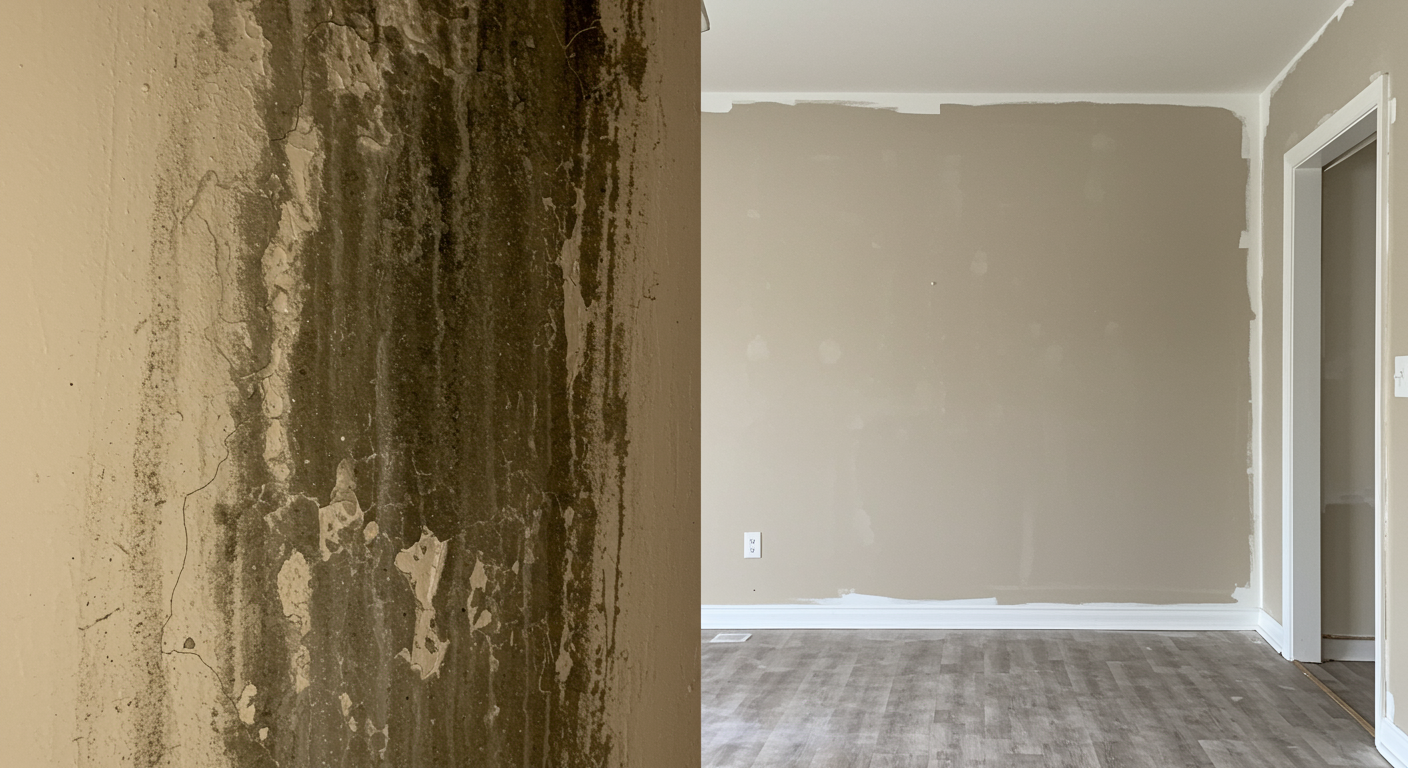 A split-screen image showing a mold-infested wall on one side and the same wall after remediation—clean, sanitized, and freshly painted. The setting is a residential home in Aurora, IL.