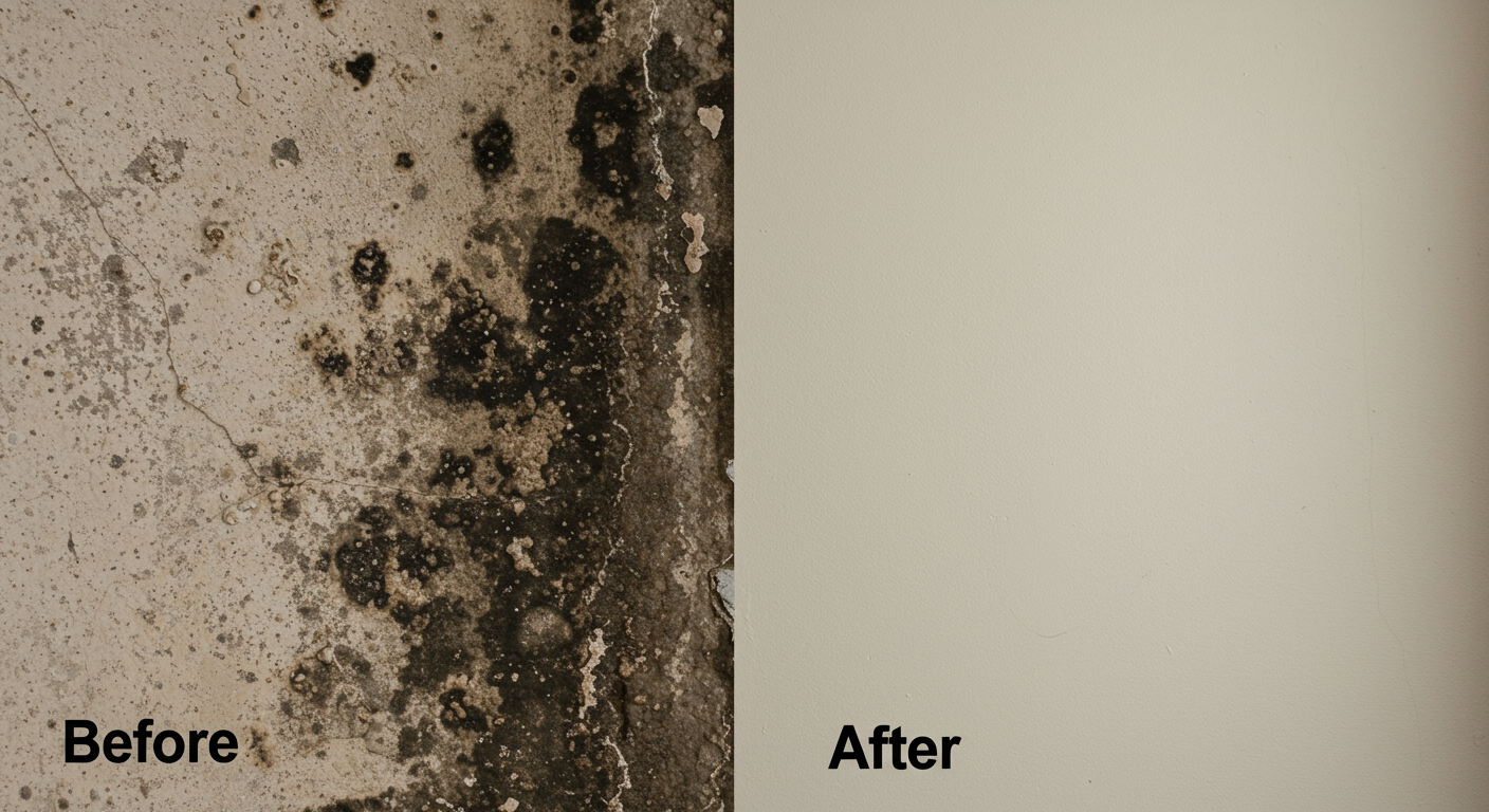 A split image showing a close-up of a wall before and after mold remediation. The 'before' side displays dark mold patches, while the 'after' side shows a clean, restored wall.