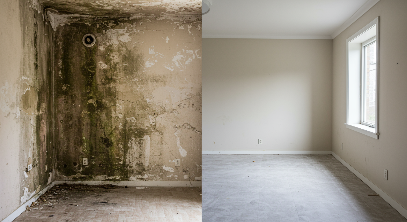 A split image showing a room before and after mold removal. The left side displays visible mold and damage, while the right side shows a clean, restored space, emphasizing the transformation.