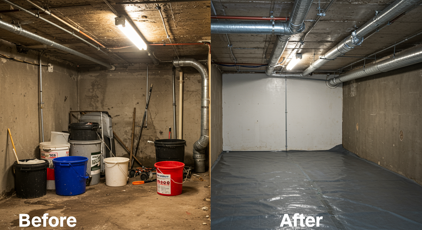 A split image showing a before-and-after scenario of a crawl space. The 'before' side is damp and cluttered, while the 'after' side is clean, dry, and sealed.