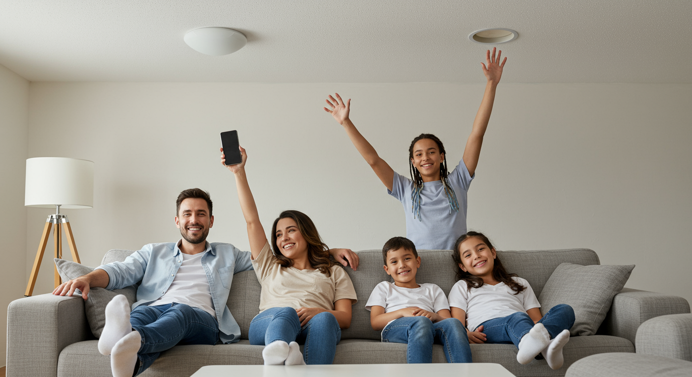 A family enjoying their newly updated living room with a smooth ceiling, showcasing the transformation. They are smiling and relaxing on the couch, with the ceiling clearly visible above.