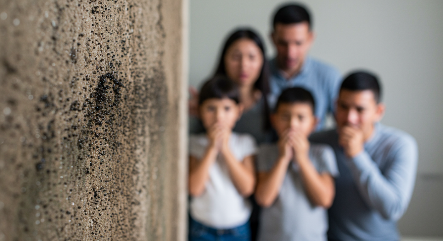 A close-up of black mold growing on a damp wall, with a family in the background (blurred) coughing or showing signs of discomfort, emphasizing the health risks associated with mold exposure.