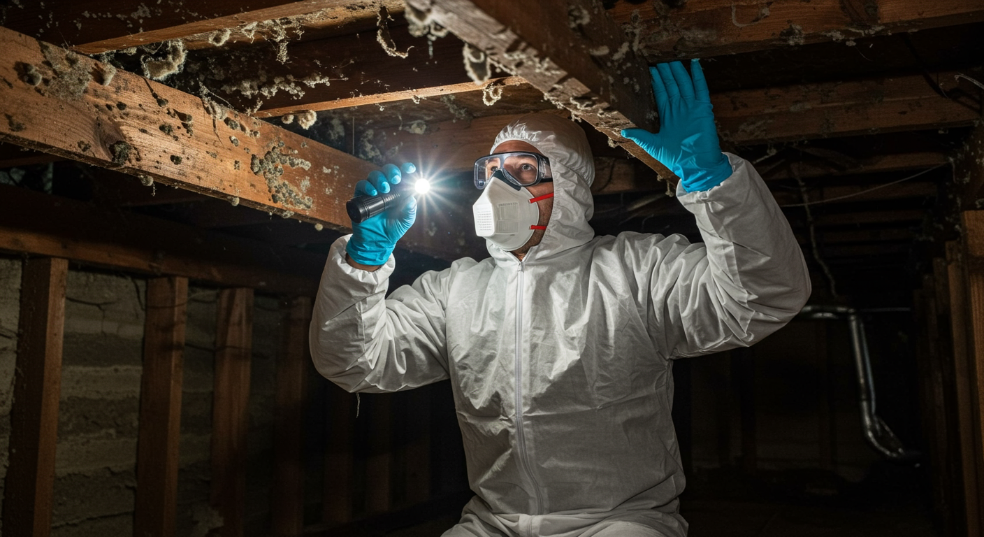 A homeowner wearing protective gear inspecting a mold-affected crawl space