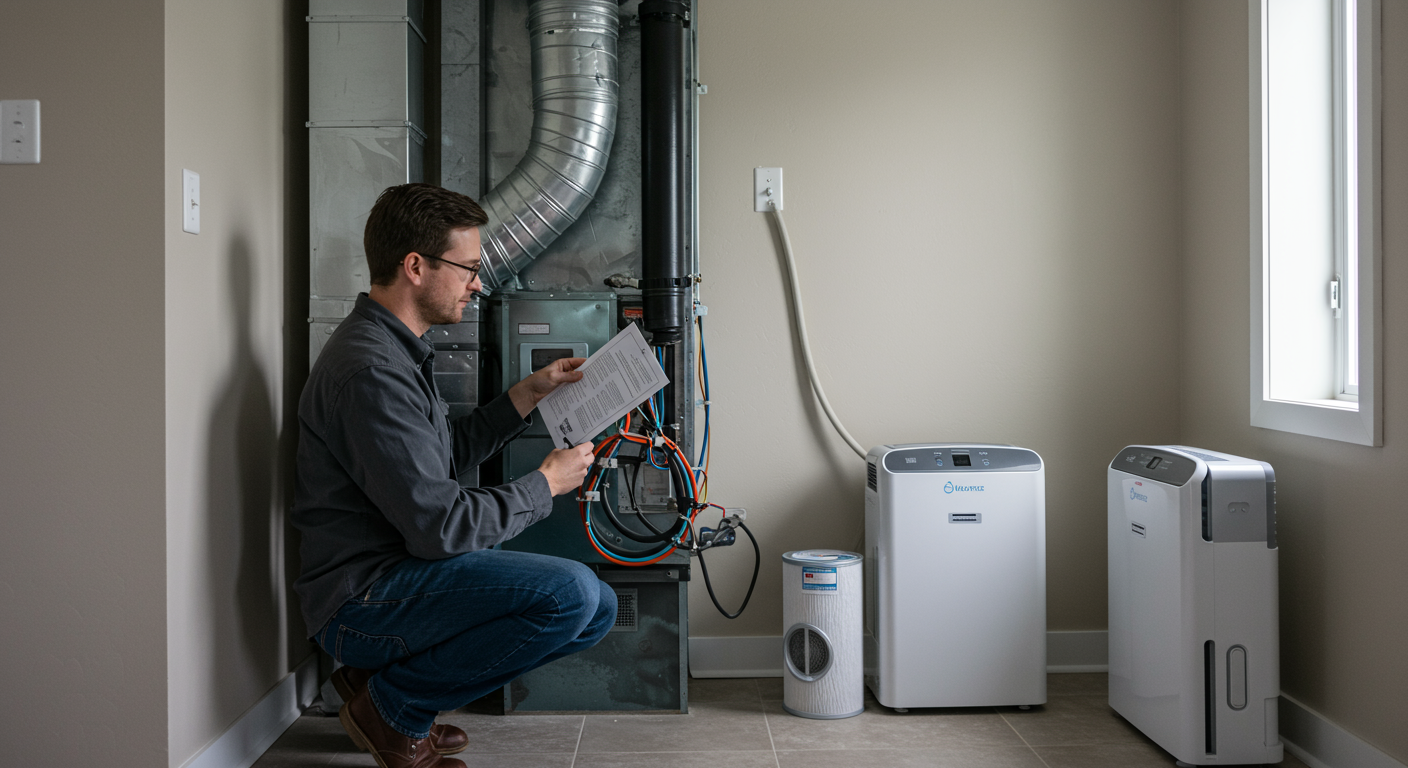 A homeowner inspecting their HVAC system and ensuring proper ventilation in a well-lit, modern home. The image highlights preventive measures like air filters and dehumidifiers placed nearby.