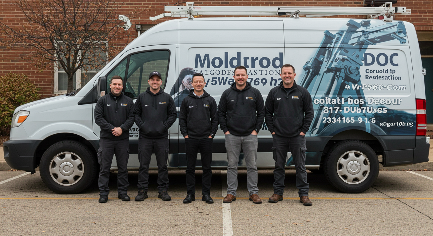 A professional team of mold remediation experts standing next to their branded service van in Decatur, IL. The team looks approachable and professional, with the van displaying the company logo and contact information.