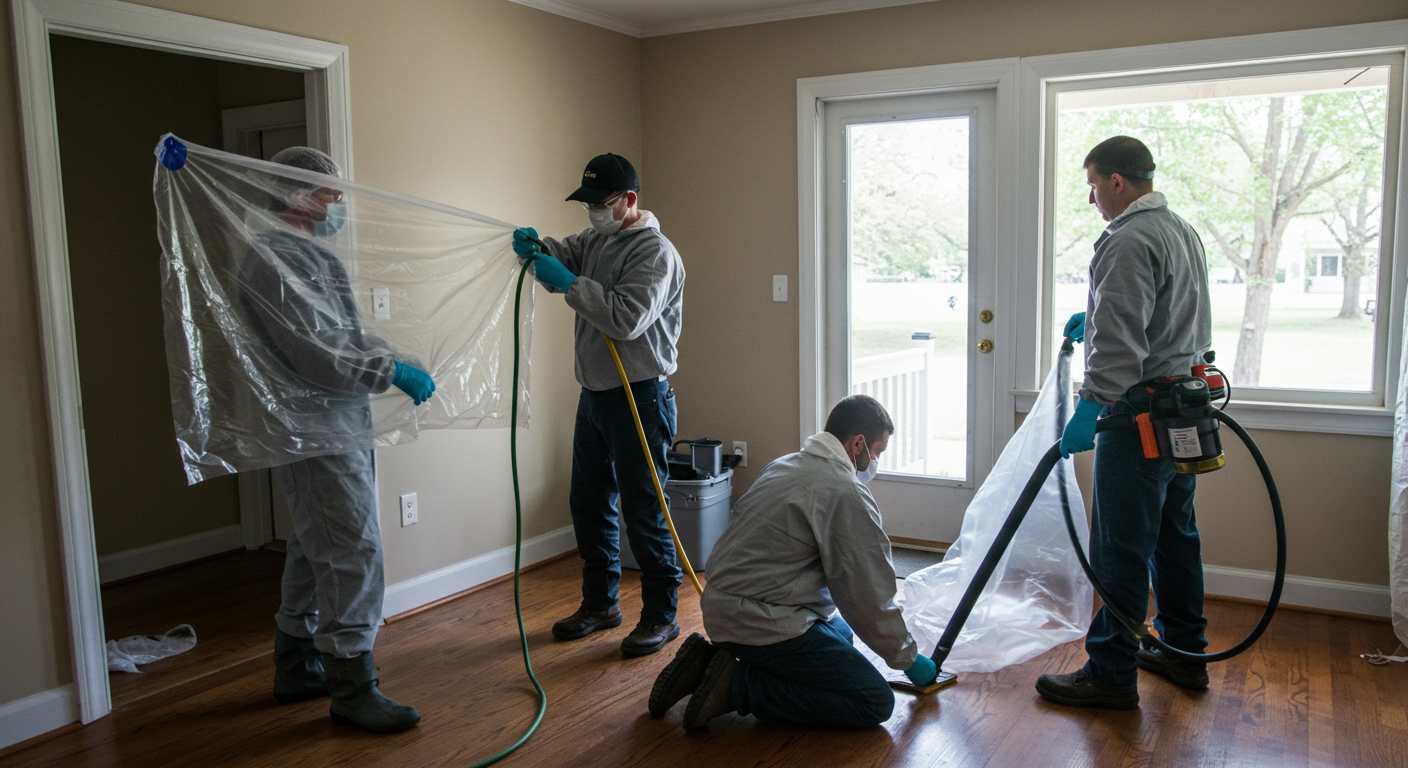 A team of mold remediation specialists working together in a Decatur home. One technician is sealing off a room with plastic sheeting, while another is using a vacuum to clean mold spores.