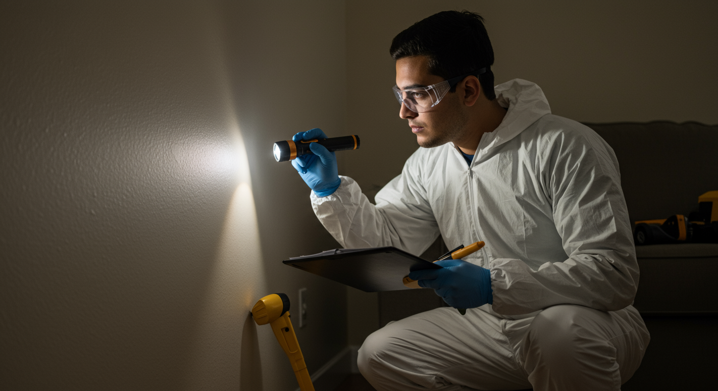 A professional mold inspector examining a corner of a living room with a flashlight and tools, showcasing the inspection process.