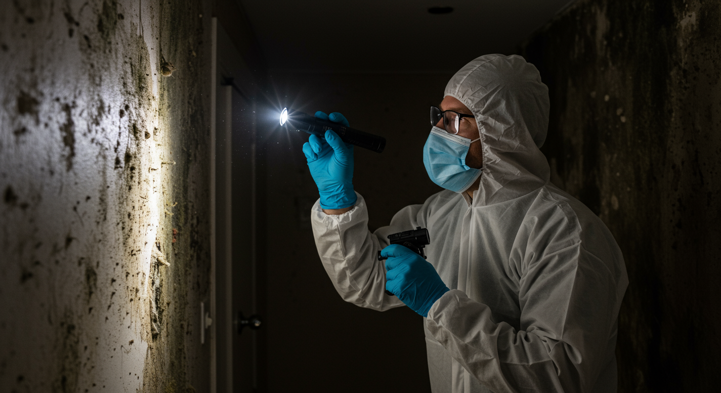 A professional mold inspector examining a home’s interior, using a flashlight to inspect dark corners and walls for mold growth. The inspector is wearing protective gear, emphasizing safety.
