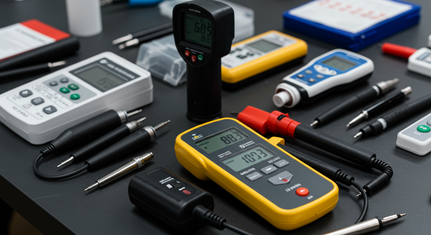 A close-up of professional-grade mold inspection tools such as moisture meters, air quality testers, and thermal imaging cameras placed neatly on a table.
