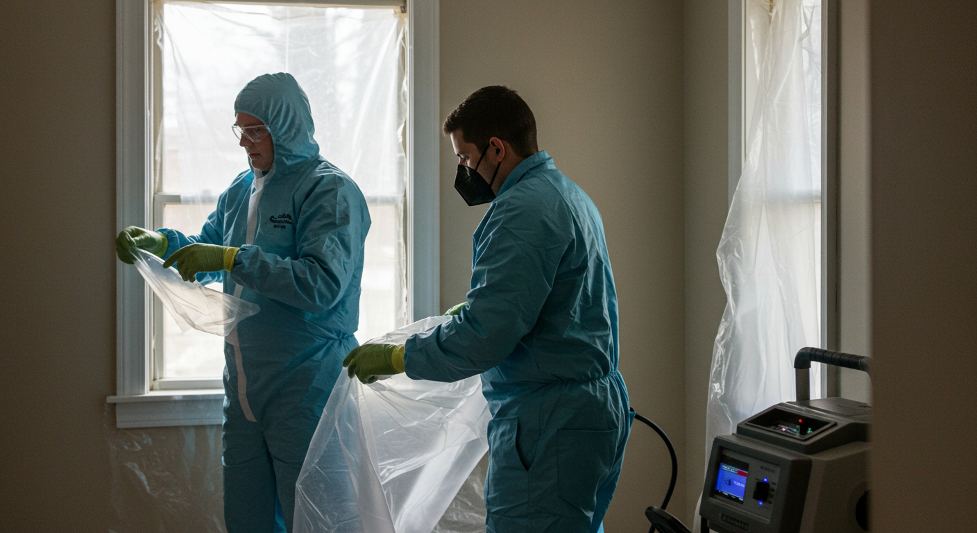 A professional mold remediation team working together in a Schaumburg home. One person is sealing off an area with plastic sheeting, while another operates an air filtration machine.