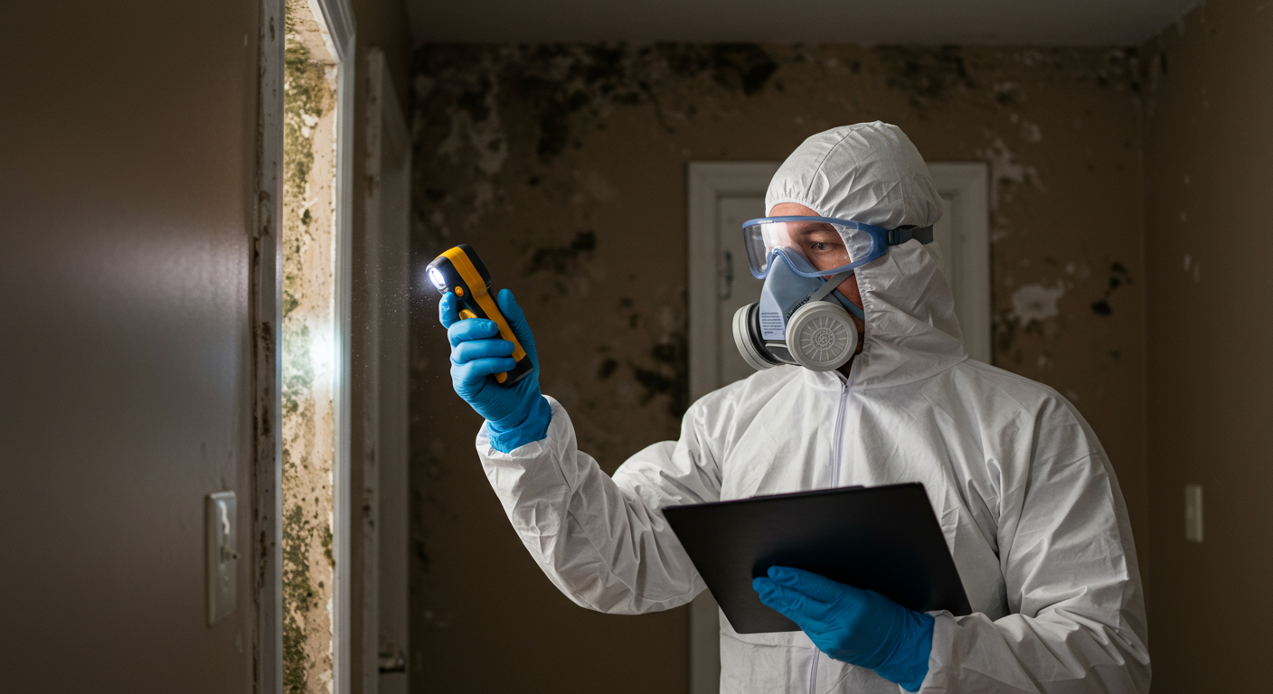 A professional mold remediation expert wearing protective gear inspecting a wall with visible mold growth in a residential home in Elgin, IL.
