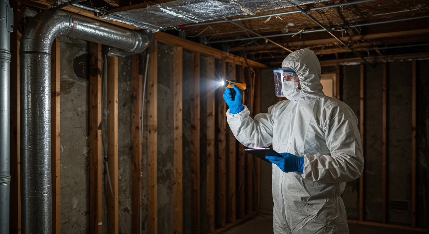 A certified mold remediation expert in protective gear inspecting a damp basement in a typical Waukegan home. The expert uses a flashlight and moisture meter to identify mold growth on the walls. The background shows a partially finished basement with visible signs of water damage.