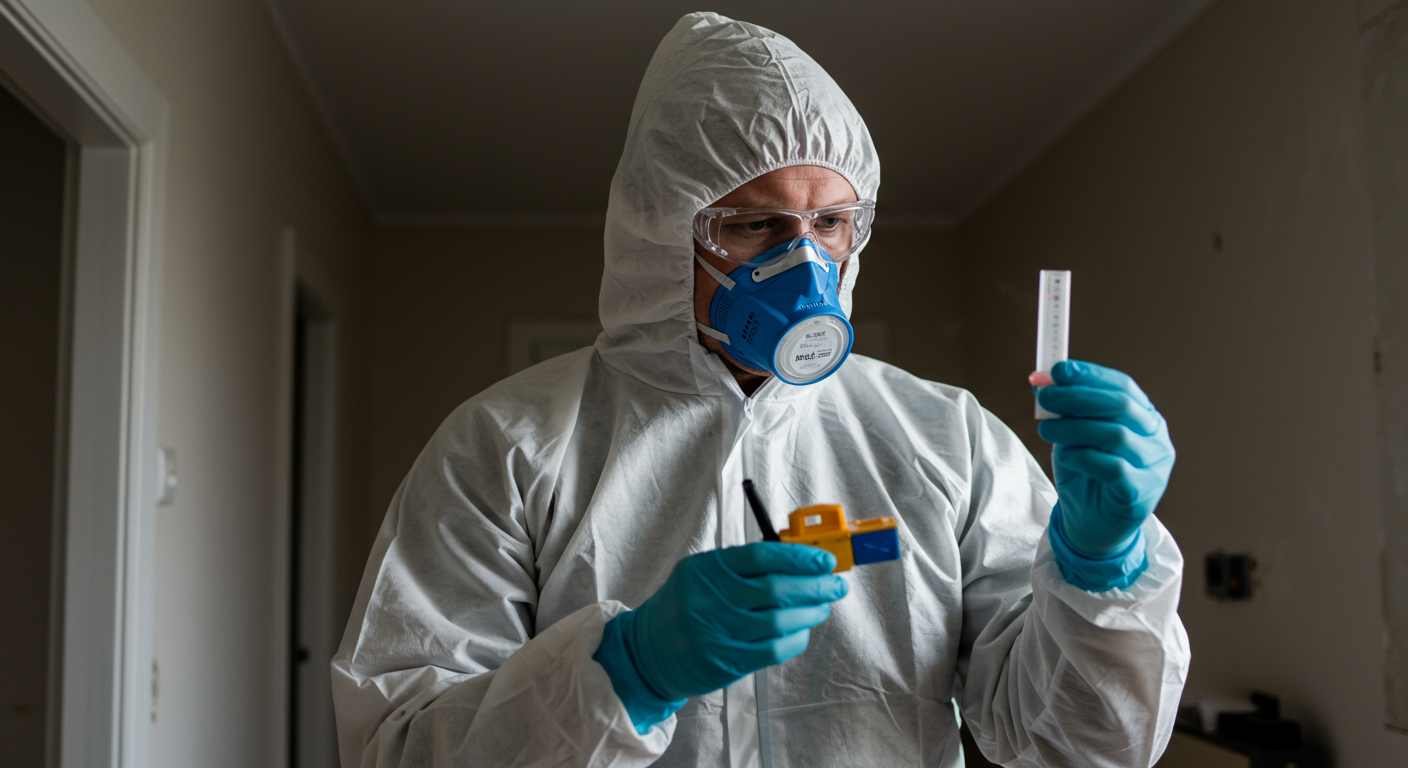 A professional technician in safety gear conducting an asbestos test in a residential home. The technician is carefully examining a sample with a testing kit, showcasing attention to detail and safety.