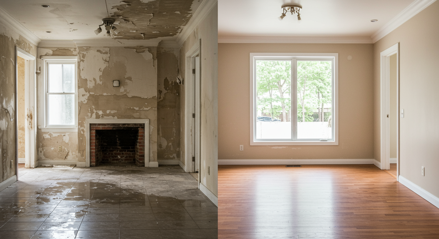 A split image showing a home before and after water damage restoration. The left side shows water-damaged walls and flooring, while the right side shows a restored, dry, and clean space.