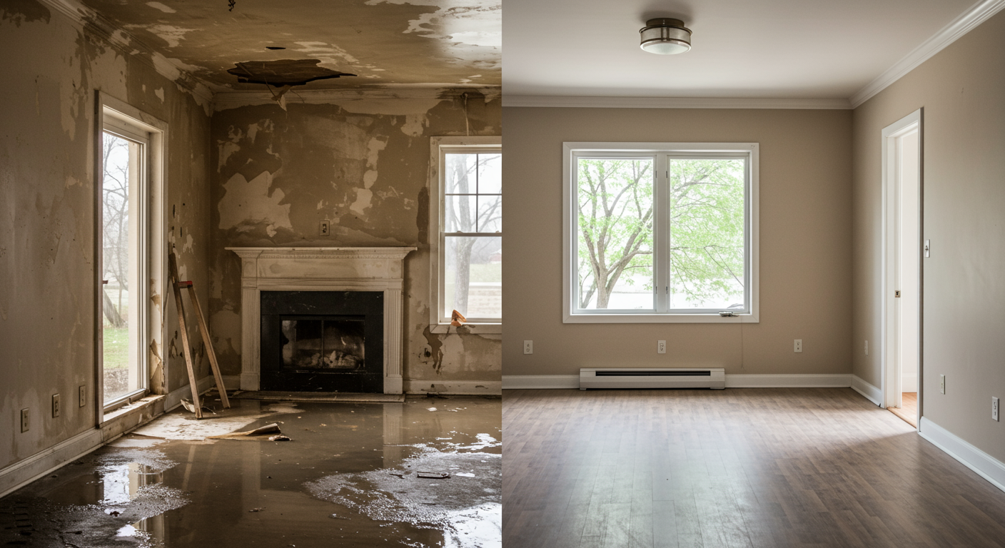 A split image showing a water-damaged room on one side and the restored, dry room on the other. This visually highlights the effectiveness of water mitigation services.