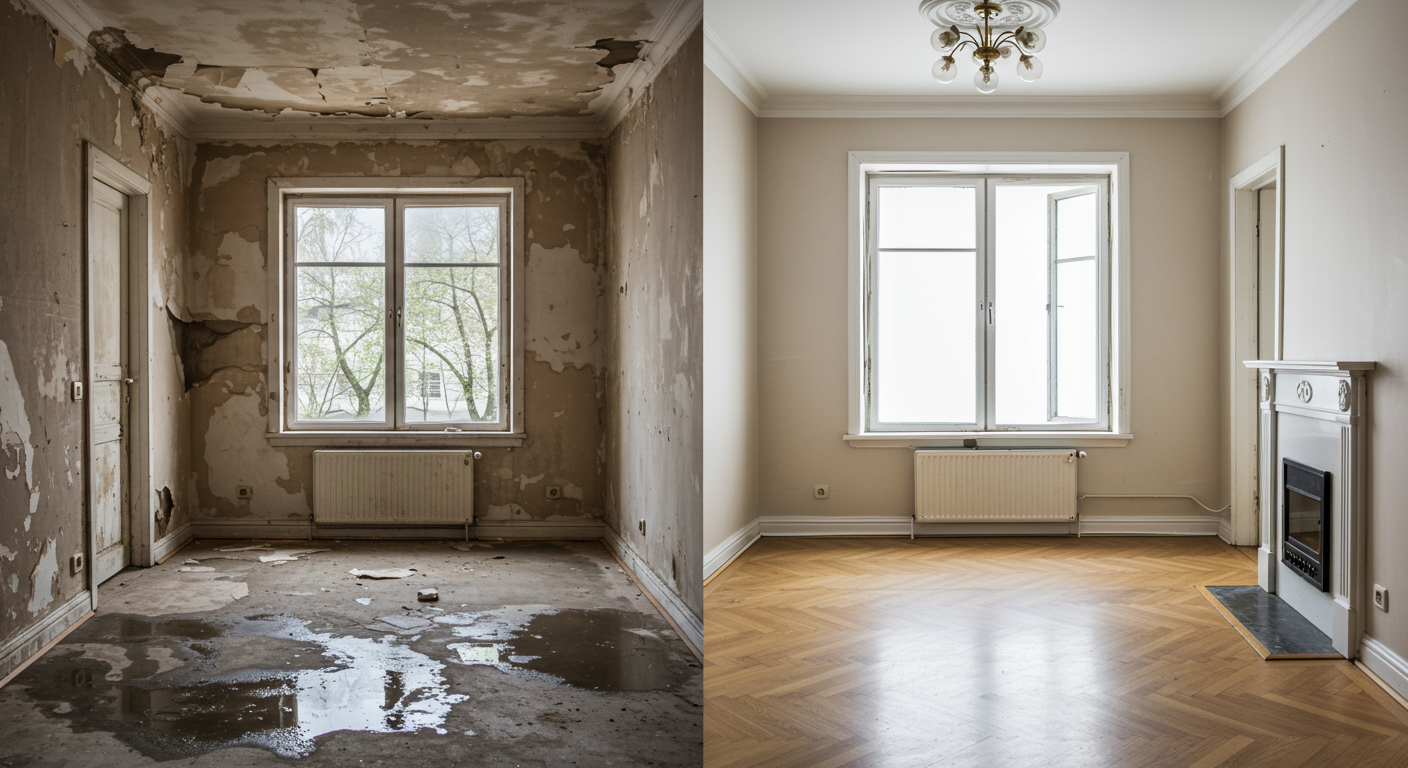 A before-and-after comparison scene showing a water-damaged room transformed into a restored space. The left side shows damage, while the right side displays a clean, restored environment.