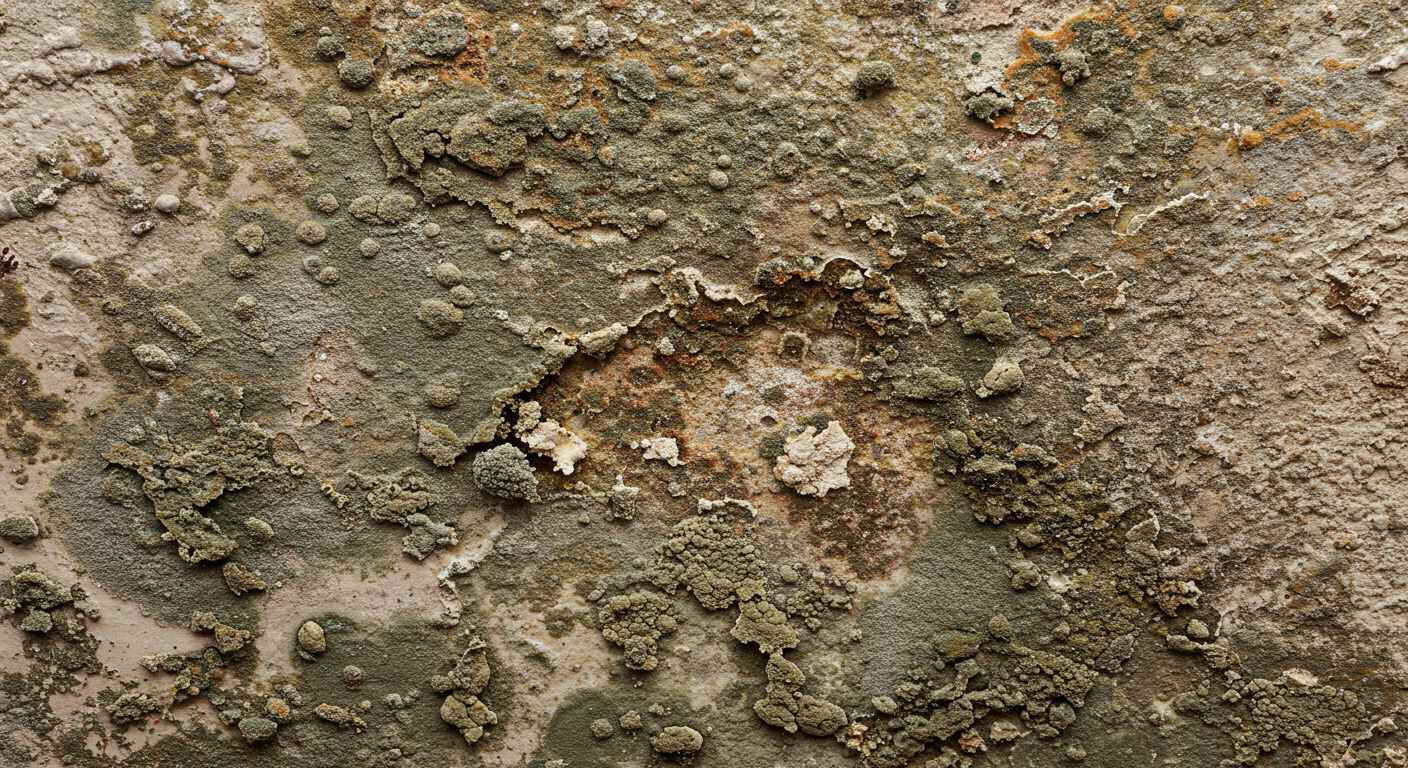 A detailed close-up shot of mold growing on a ceiling, showcasing various textures and colors of mold spores. The image captures the severity of the infestation.