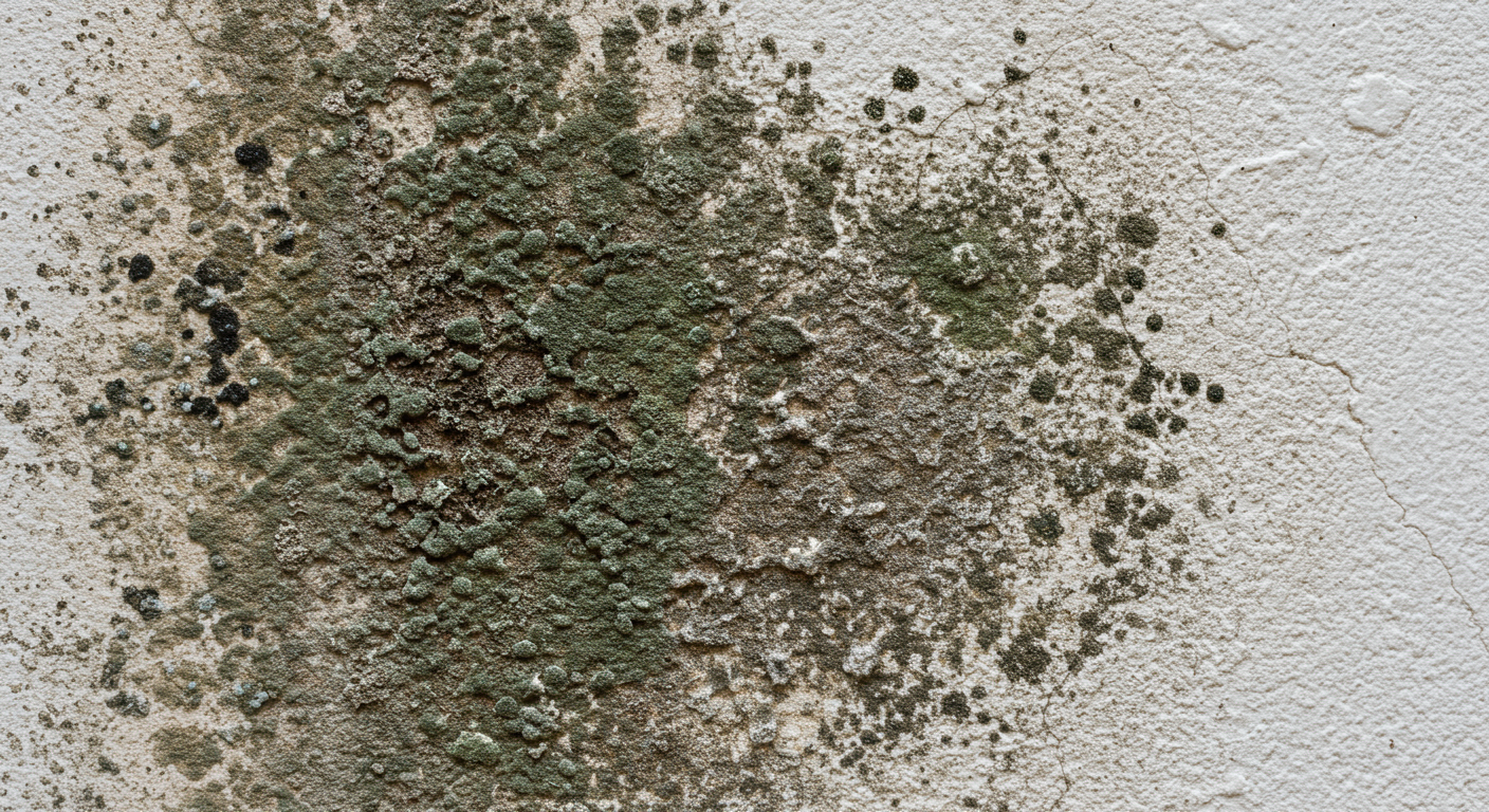 A close-up shot of a wall with visible mold growth, showcasing different types of mold (black mold, green mold) in a residential setting.