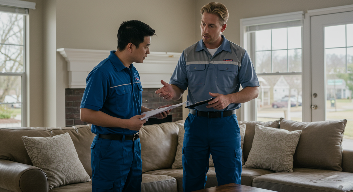 A water restoration contractor discussing the restoration process with a homeowner in a living room affected by water damage. The contractor is showing empathy and professionalism.