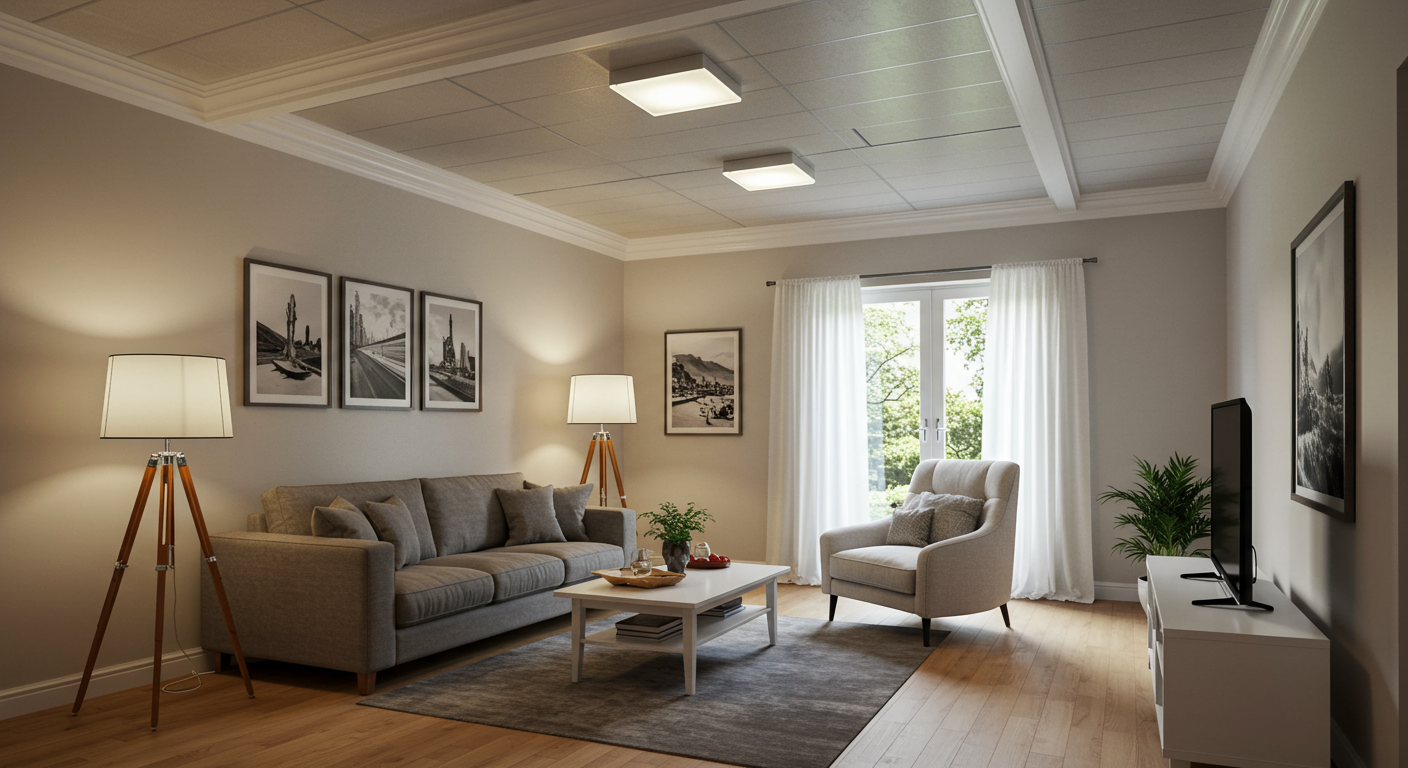 A cozy living room with a newly installed flat ceiling, decorated with modern furnishings and warm lighting. The image conveys a sense of comfort and style, showcasing the benefits of ceiling transformation.