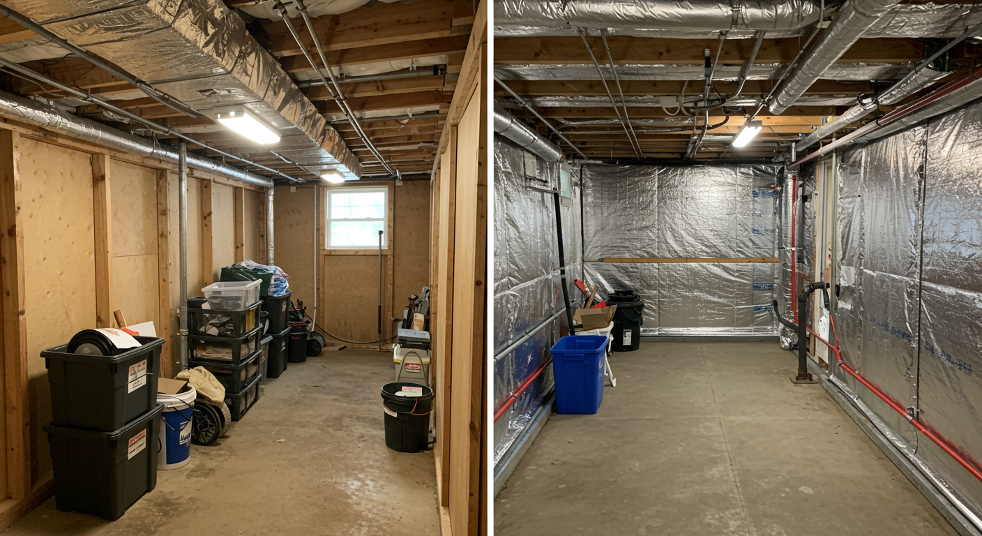A side-by-side comparison of a crawl space before encapsulation (damp and cluttered) and after encapsulation (clean and organized), with clear visual indicators of moisture control and insulation.